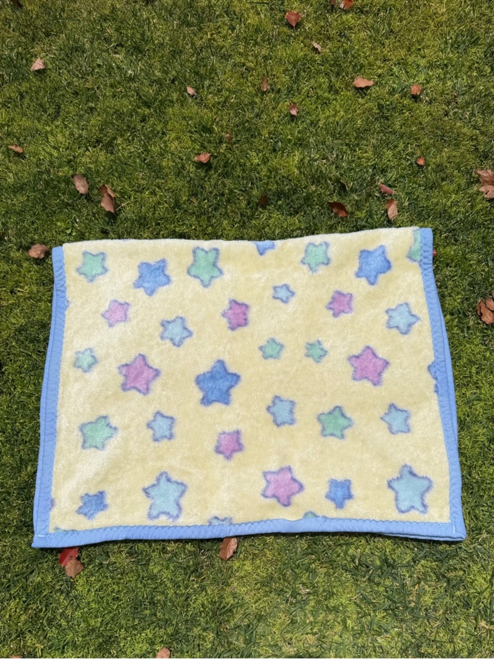 VTG Crown Crafts Pastel Stars Minky Baby Blanket Yellow Blue Pink 27x41 VHTF GUC